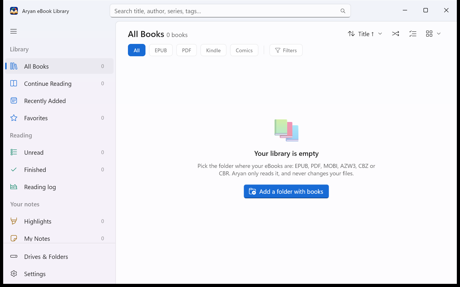 Aryan on its first start: an empty library with an Add a folder with books button