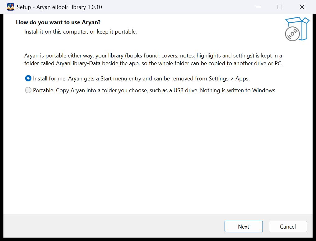 Setup asks: How do you want to use Aryan? Install for me, or Portable