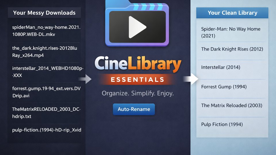 CineLibrary Essentials turning messy download names into a clean movie library
