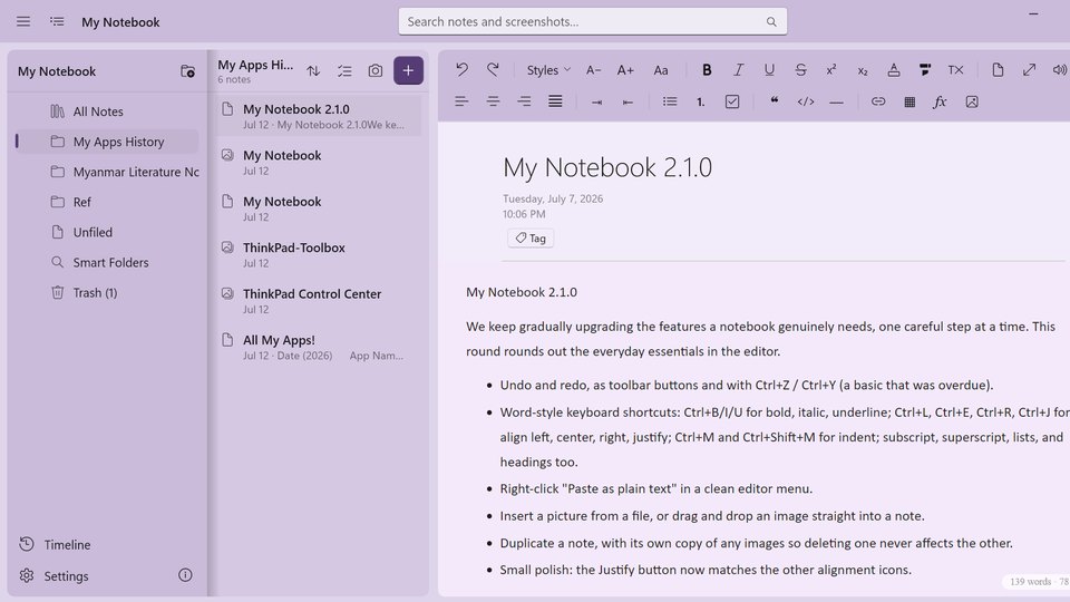 My Notebook with a note open beside the notes list
