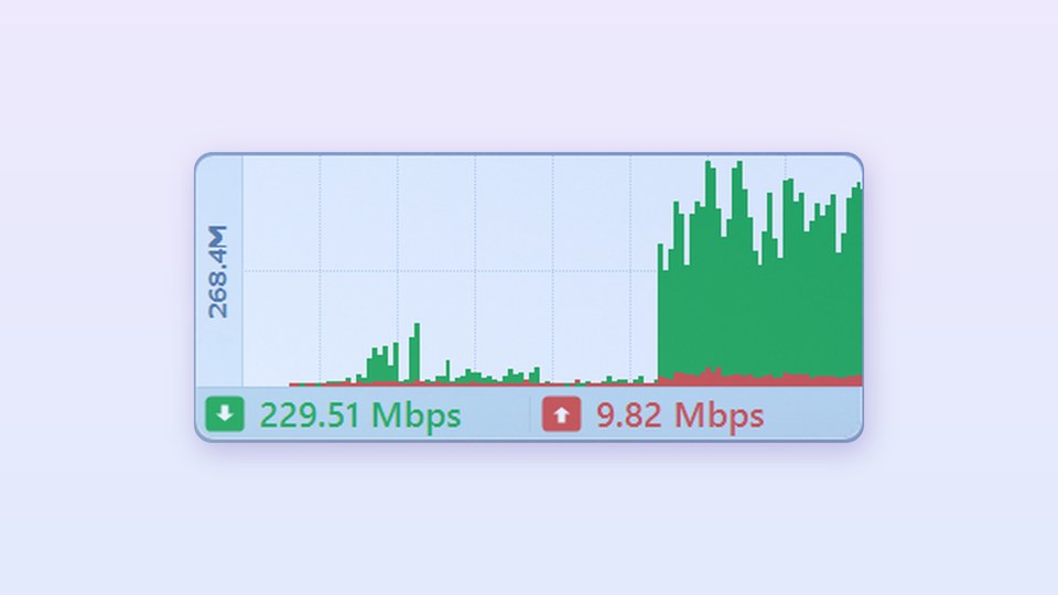 The NetMon widget: a live download and upload graph with 229.51 Mbps down and 9.82 Mbps up
