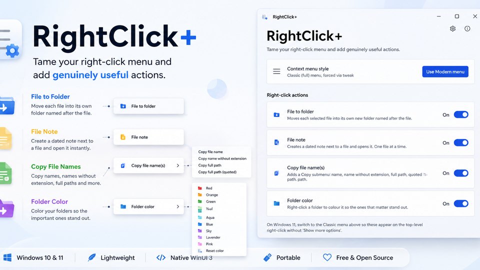 RightClick+ control panel with its four right-click actions