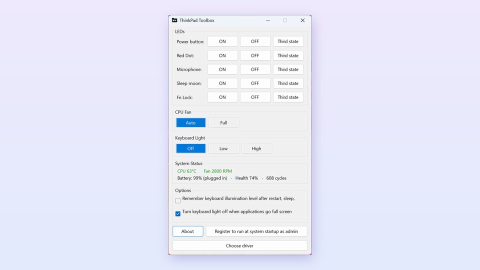 ThinkPad Toolbox window with LED, fan, keyboard light and system status controls