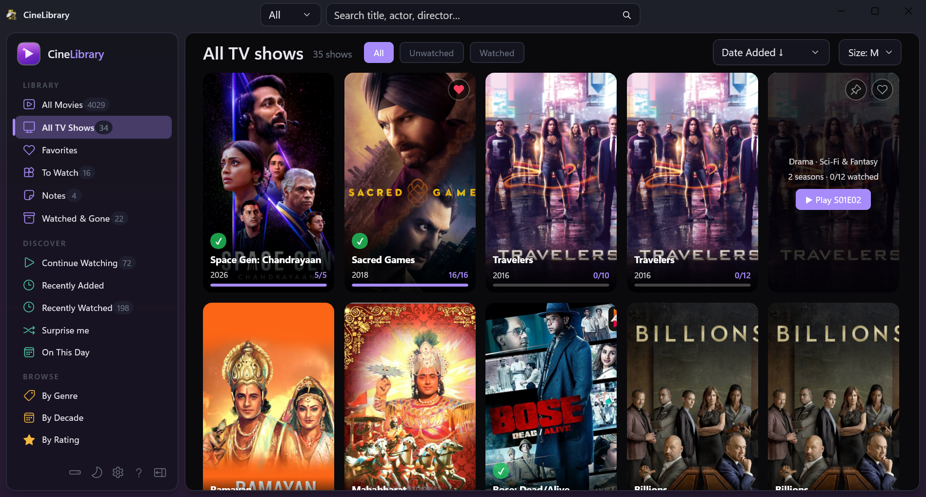CineLibrary's All TV shows page: show posters in a grid, with the hover panel open on Travelers showing its genres, seasons, watched count, Play S01E02, and Watchlist and Favorite icons in the corner; Sacred Games has a heart