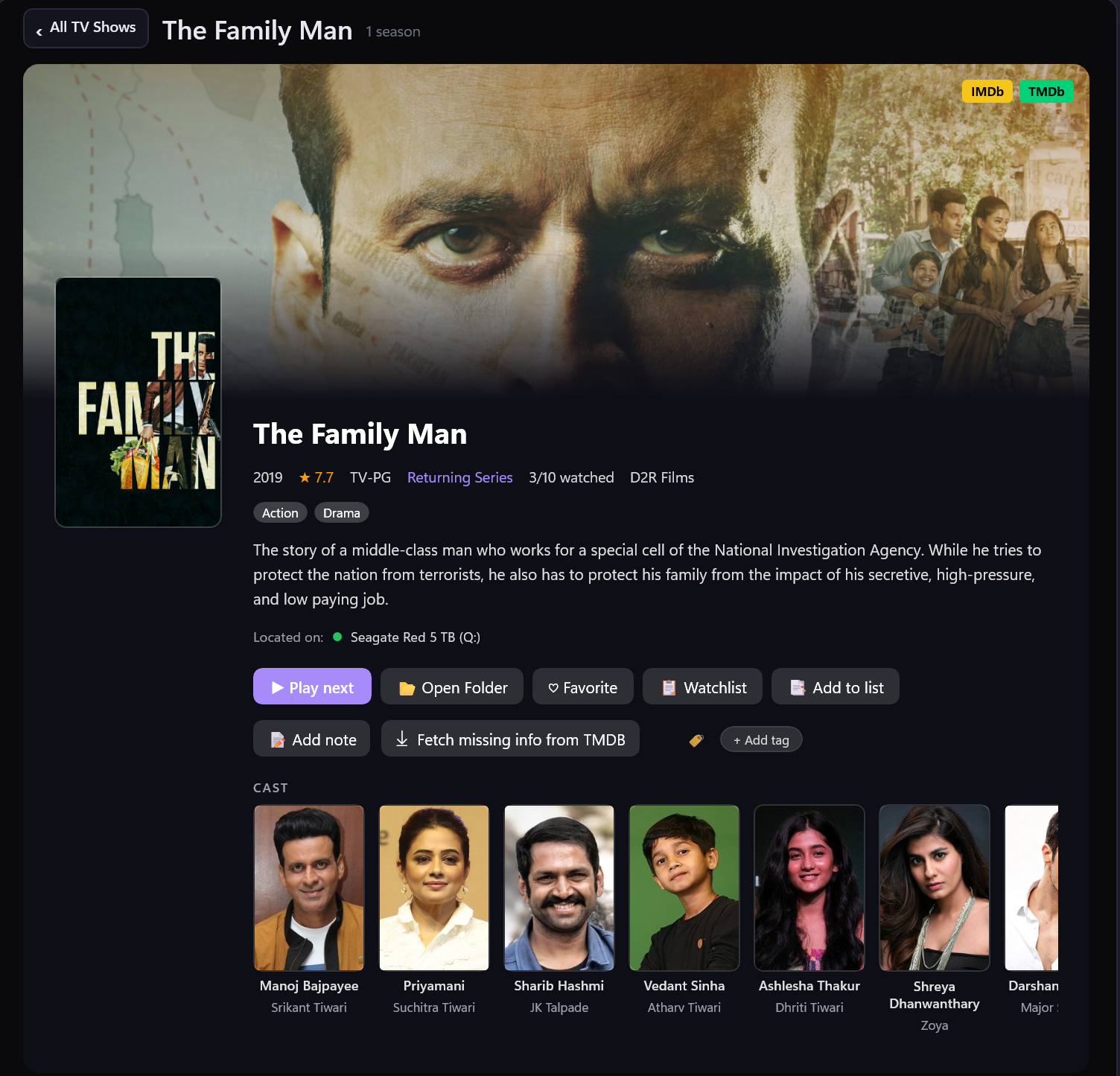 A TV show page in CineLibrary: The Family Man fanart banner with IMDb and TMDb buttons, the poster, details, the drive it is on, Play next and the other buttons, and cast photo cards
